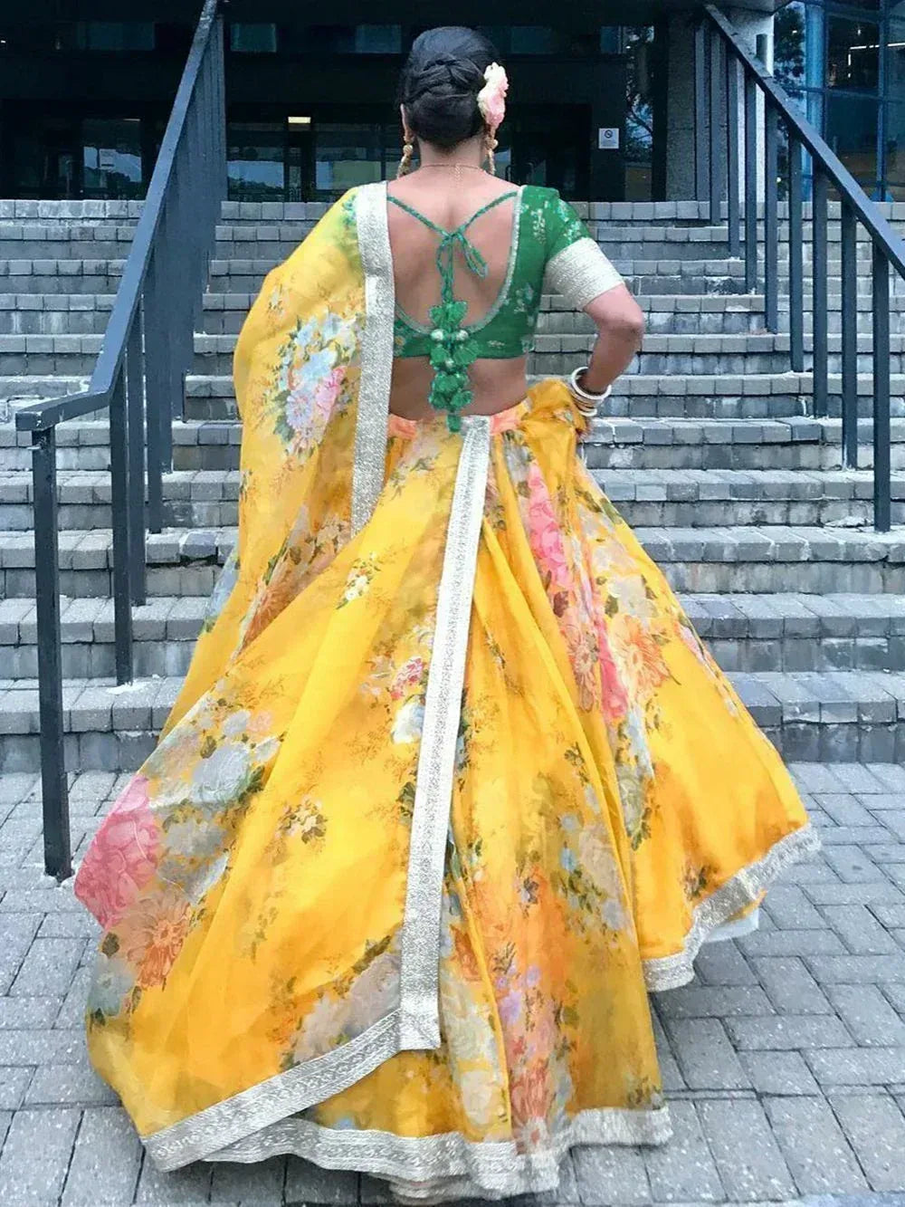 Tulsi Art Green-Yellow Floral Digital Printed Organza Bridal Lehenga Choli | Grocsy