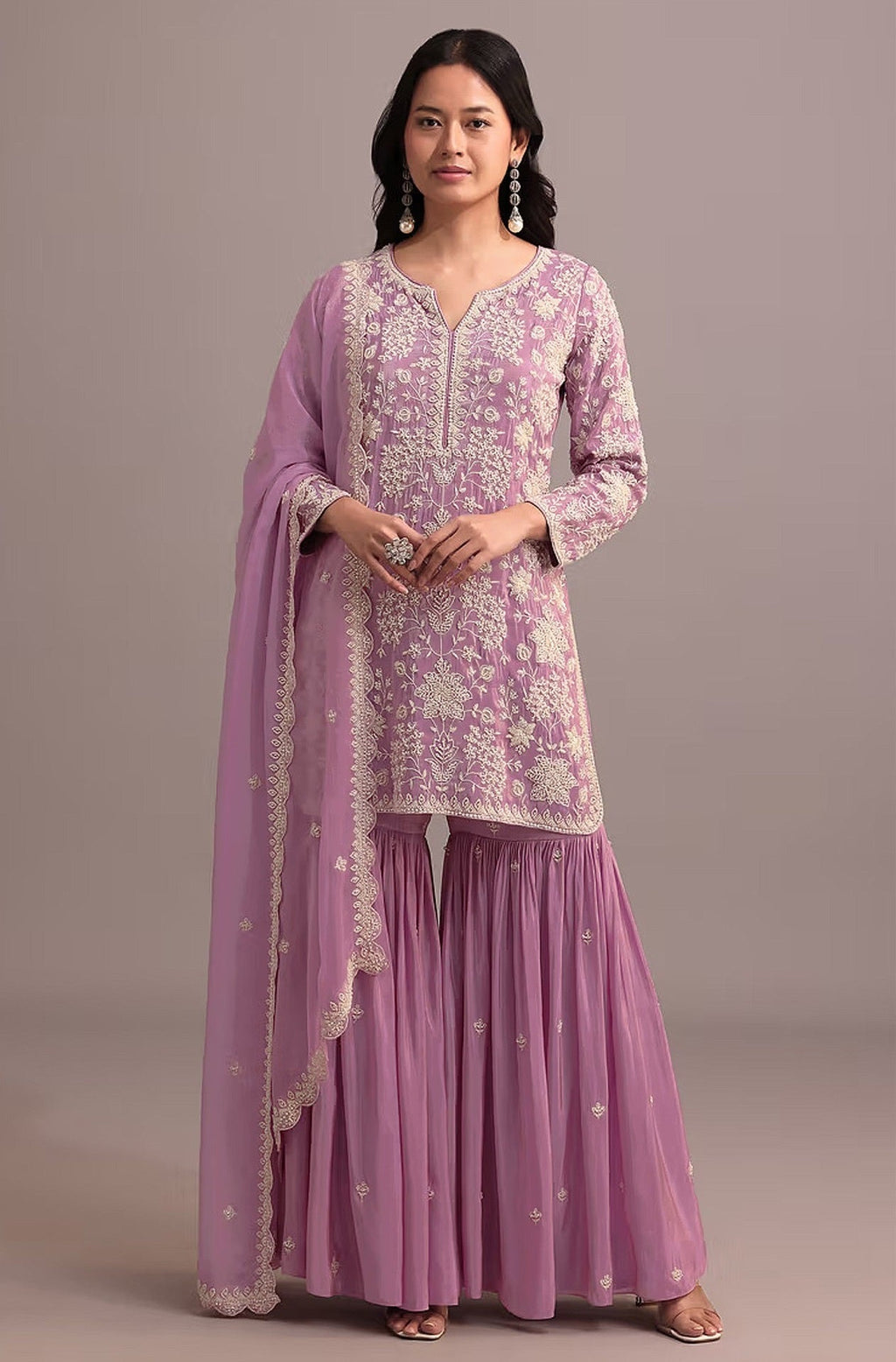 Anaita Pink Embroidered Faux Georgette Sharara Suit | Grocsy