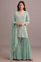 Anaita Green Embroidered Faux Georgette Sharara Suit | Grocsy