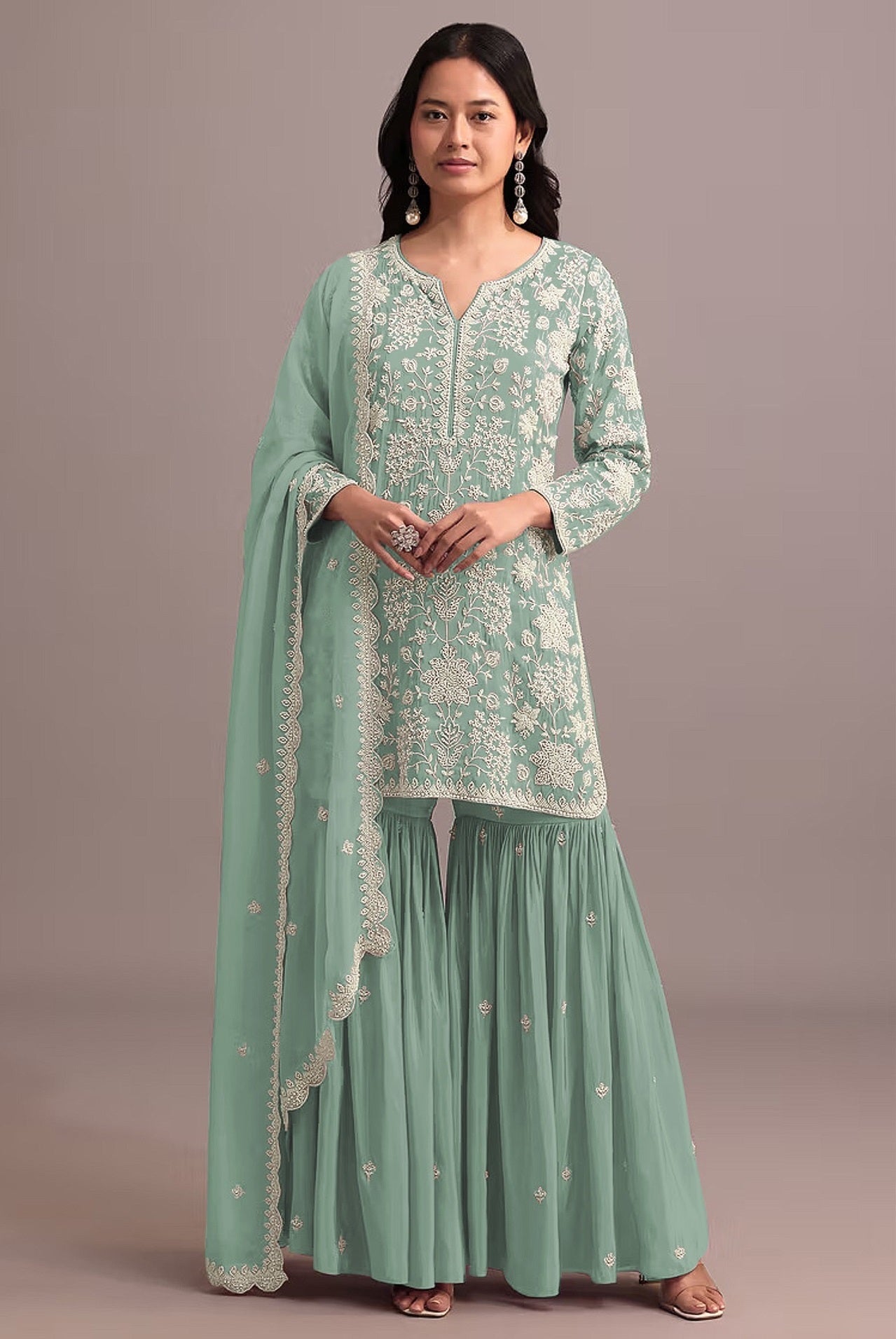 Anaita Green Embroidered Faux Georgette Sharara Suit | Grocsy