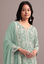 Anaita Green Embroidered Faux Georgette Sharara Suit | Grocsy