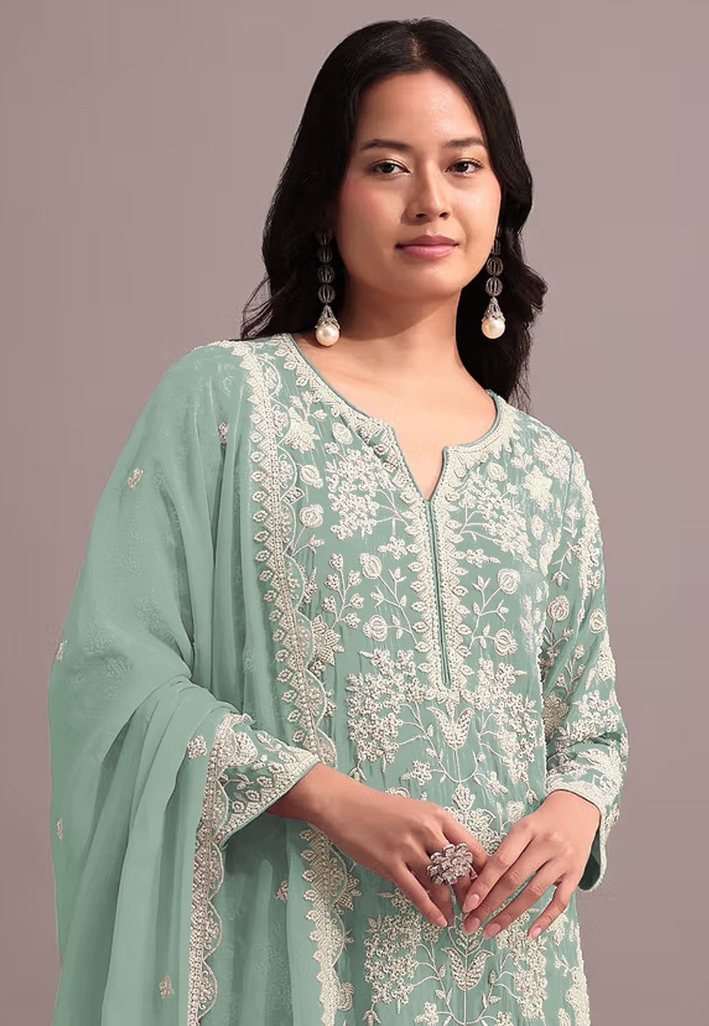 Anaita Green Embroidered Faux Georgette Sharara Suit | Grocsy