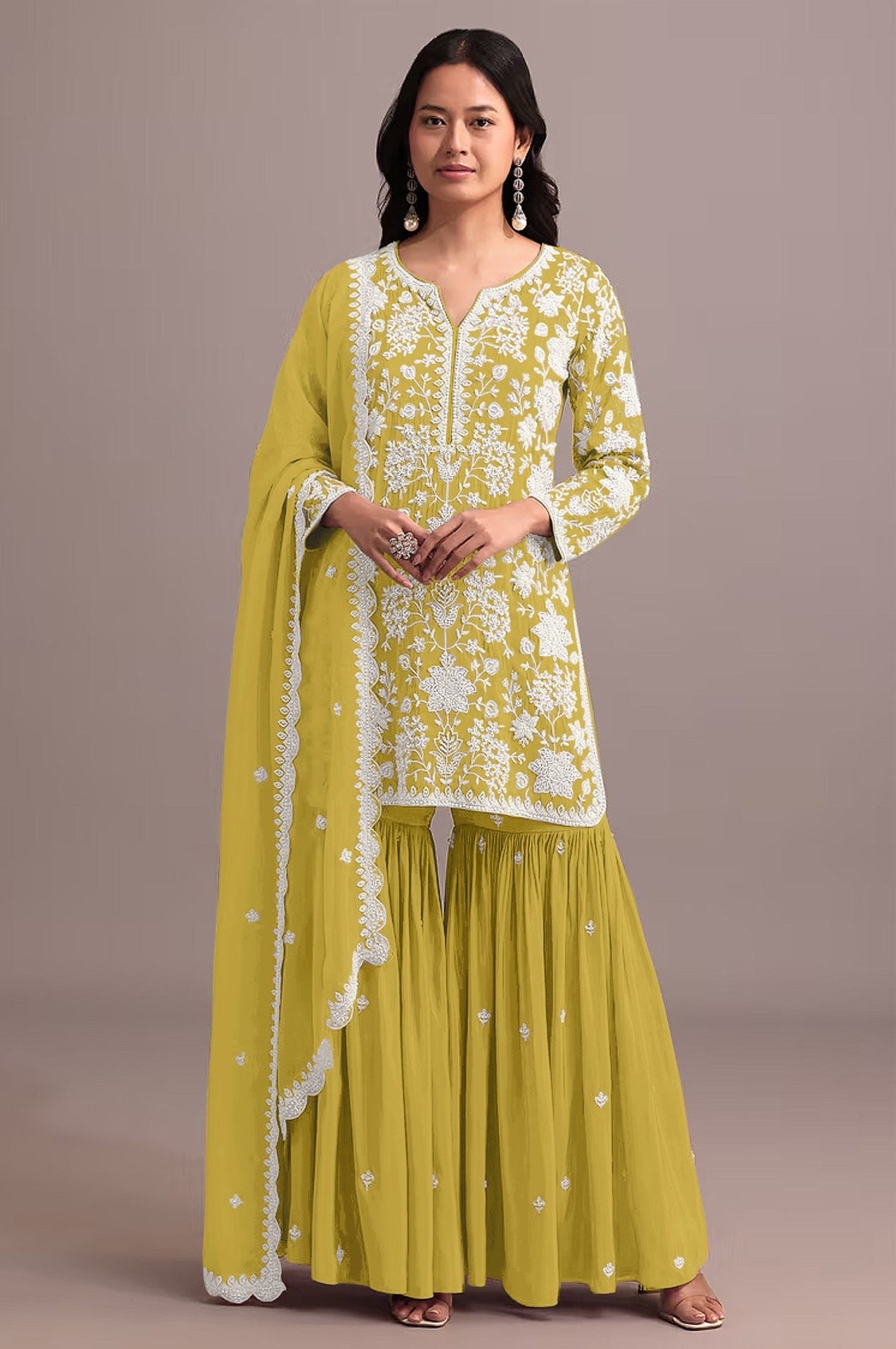 Anaita Yellow Embroidered Faux Georgette Sharara Suit | Grocsy