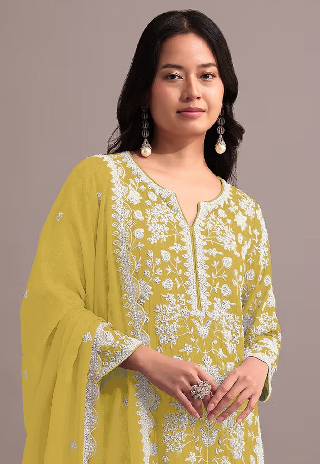 Anaita Yellow Embroidered Faux Georgette Sharara Suit | Grocsy