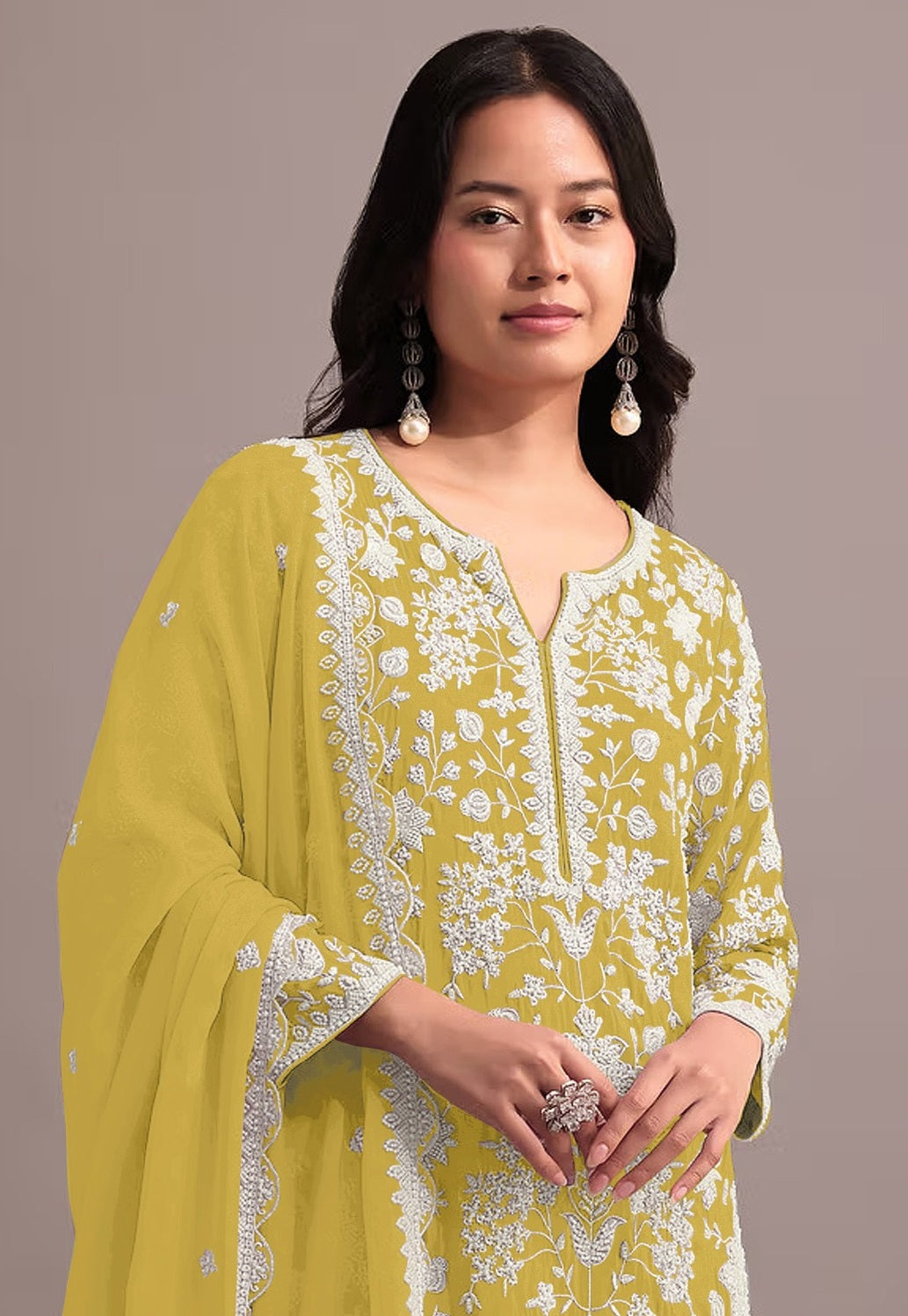 Anaita Yellow Embroidered Faux Georgette Sharara Suit | Grocsy