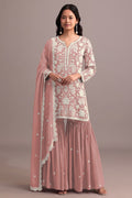 Anaita Peach Embroidered Faux Georgette Sharara Suit | Grocsy