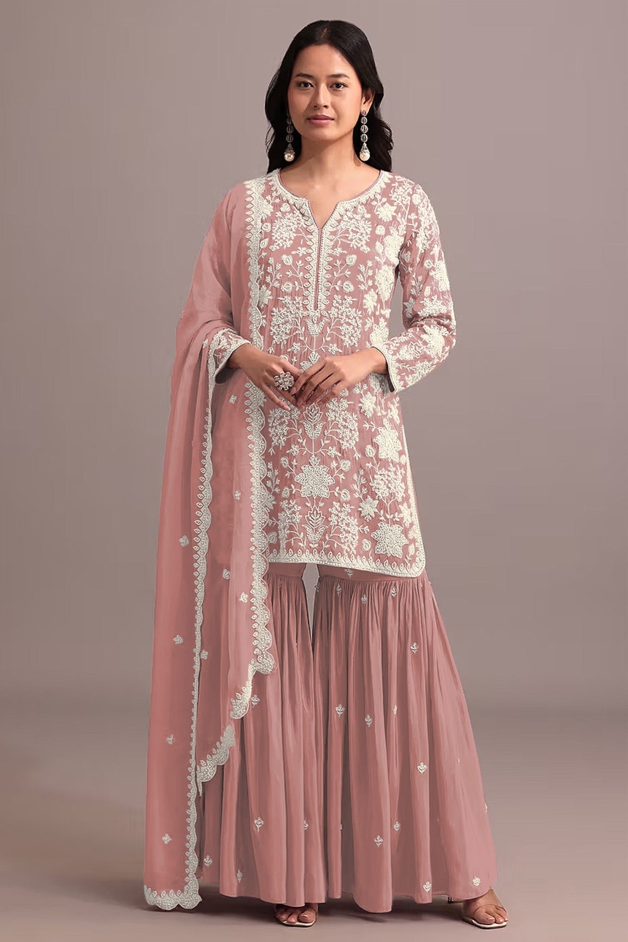 Anaita Peach Embroidered Faux Georgette Sharara Suit | Grocsy