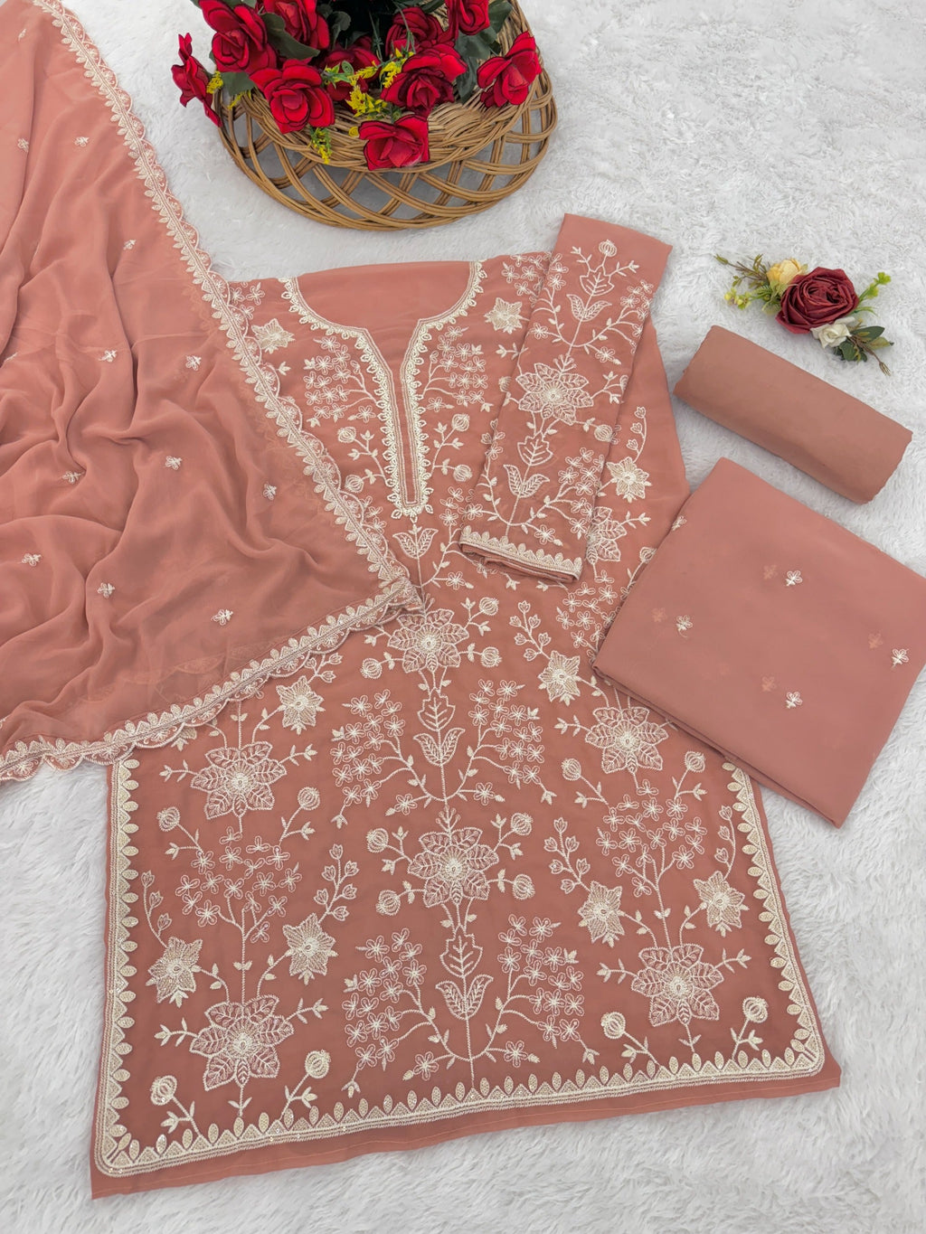 Anaita Peach Embroidered Faux Georgette Sharara Suit | Grocsy