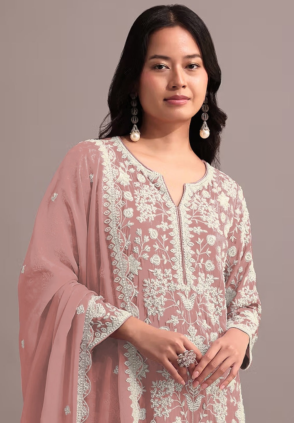 Anaita Peach Embroidered Faux Georgette Sharara Suit | Grocsy
