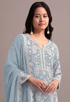 Anaita Sky Blue Embroidered Faux Georgette Sharara Suit | Grocsy