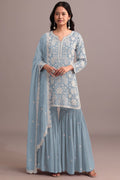 Anaita Sky Blue Embroidered Faux Georgette Sharara Suit | Grocsy