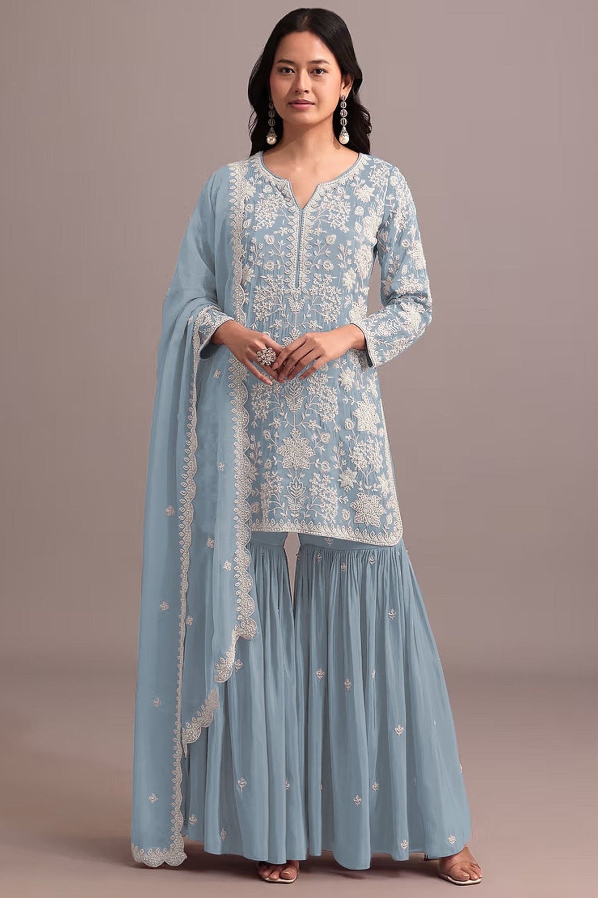 Anaita Sky Blue Embroidered Faux Georgette Sharara Suit | Grocsy