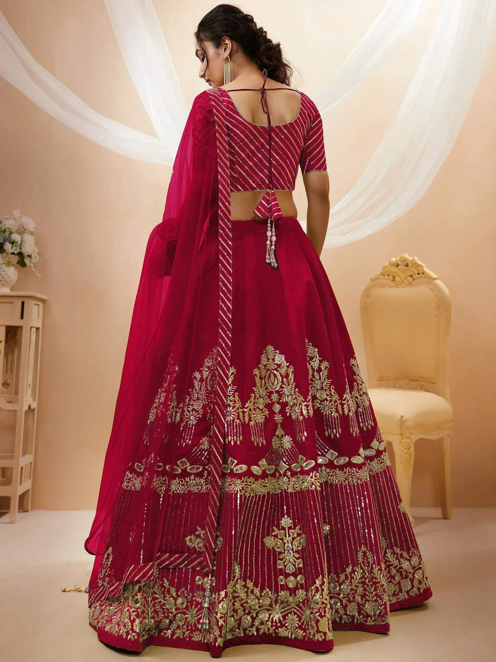 Tulsi Art Fascinating Red Sequins Silk Wedding Lehenga Choli With Dupatta | Grocsy