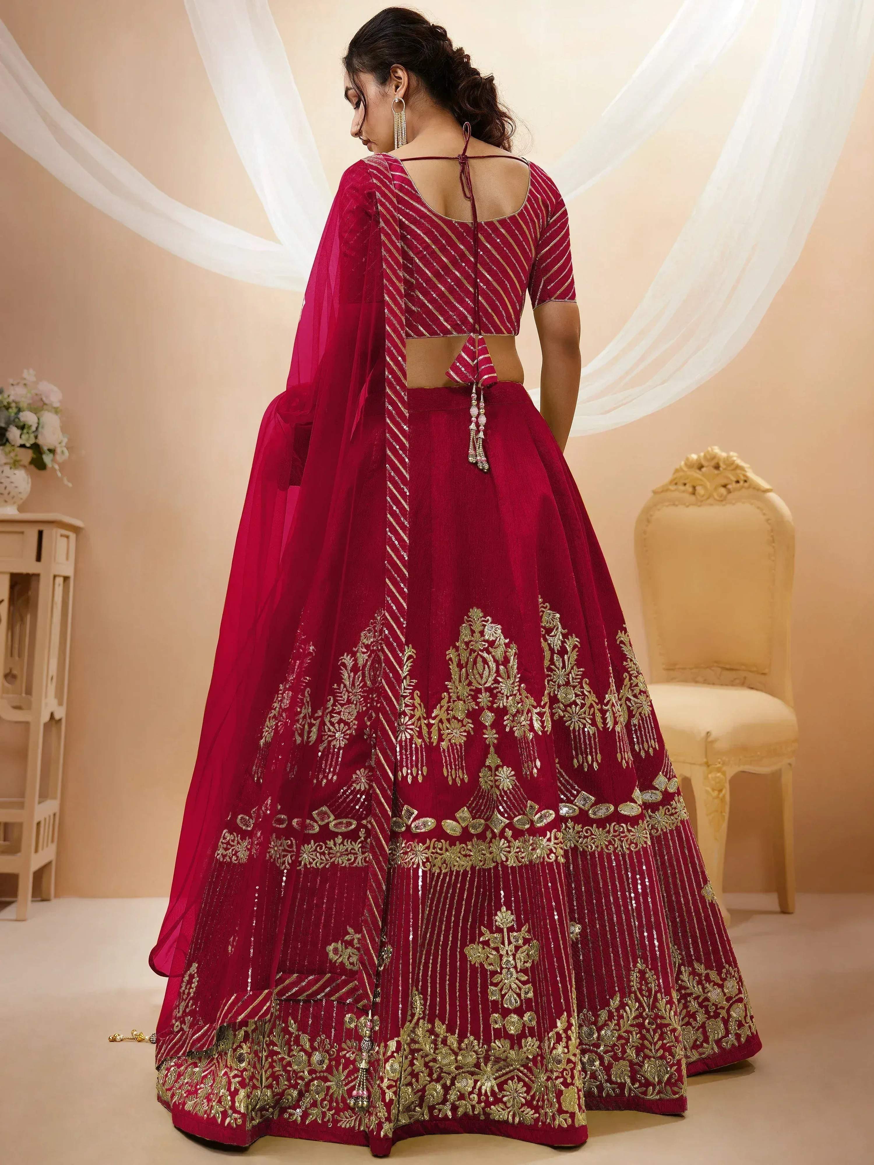 Tulsi Art Fascinating Red Sequins Silk Wedding Lehenga Choli With Dupatta | Grocsy
