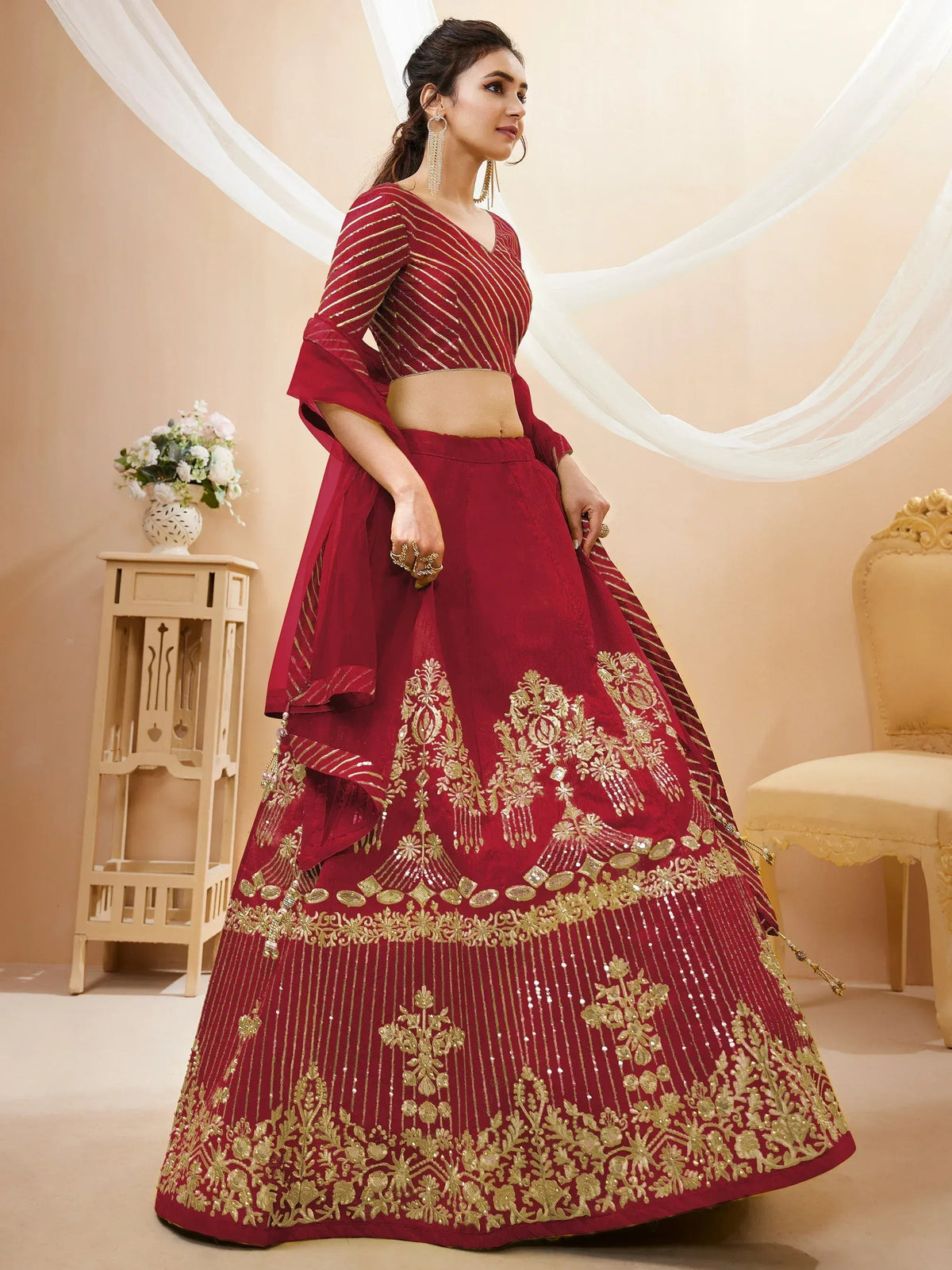 Tulsi Art Fascinating Red Sequins Silk Wedding Lehenga Choli With Dupatta | Grocsy