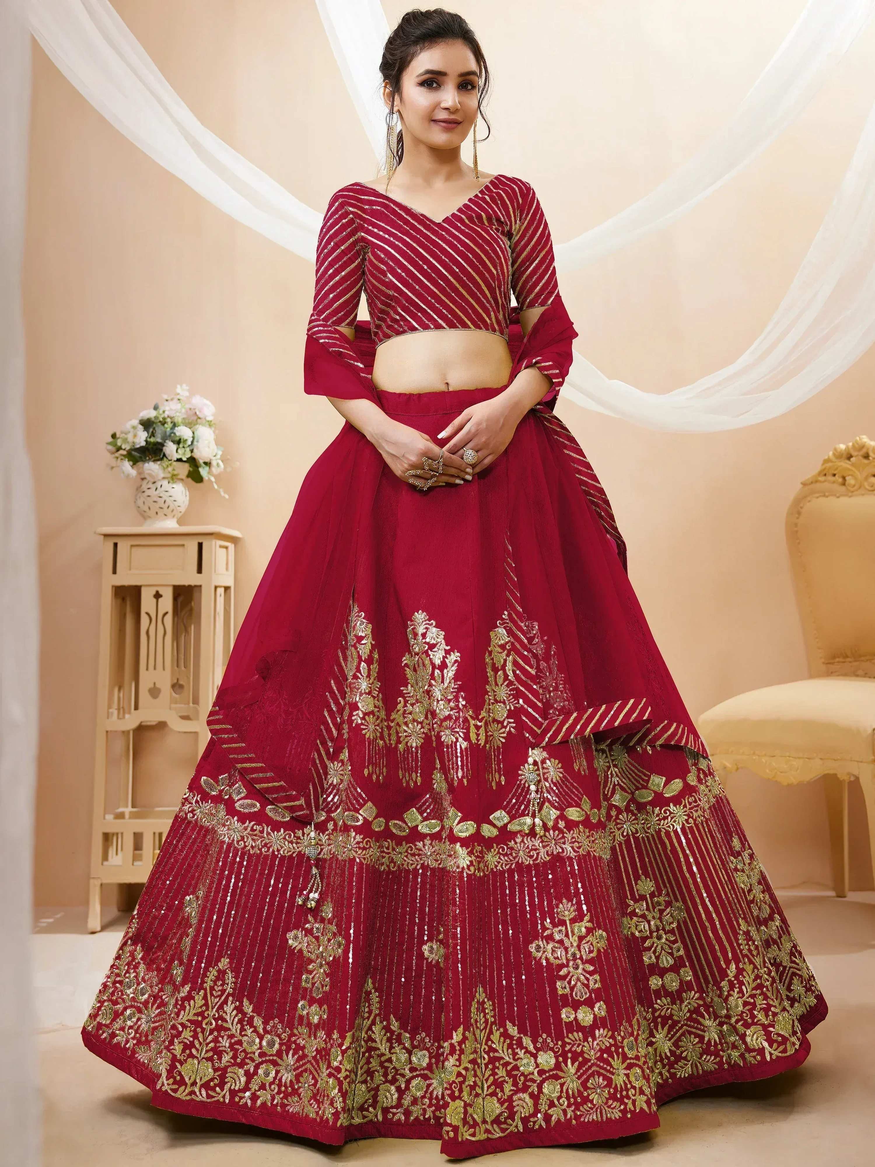 Tulsi Art Fascinating Red Sequins Silk Wedding Lehenga Choli With Dupatta | Grocsy
