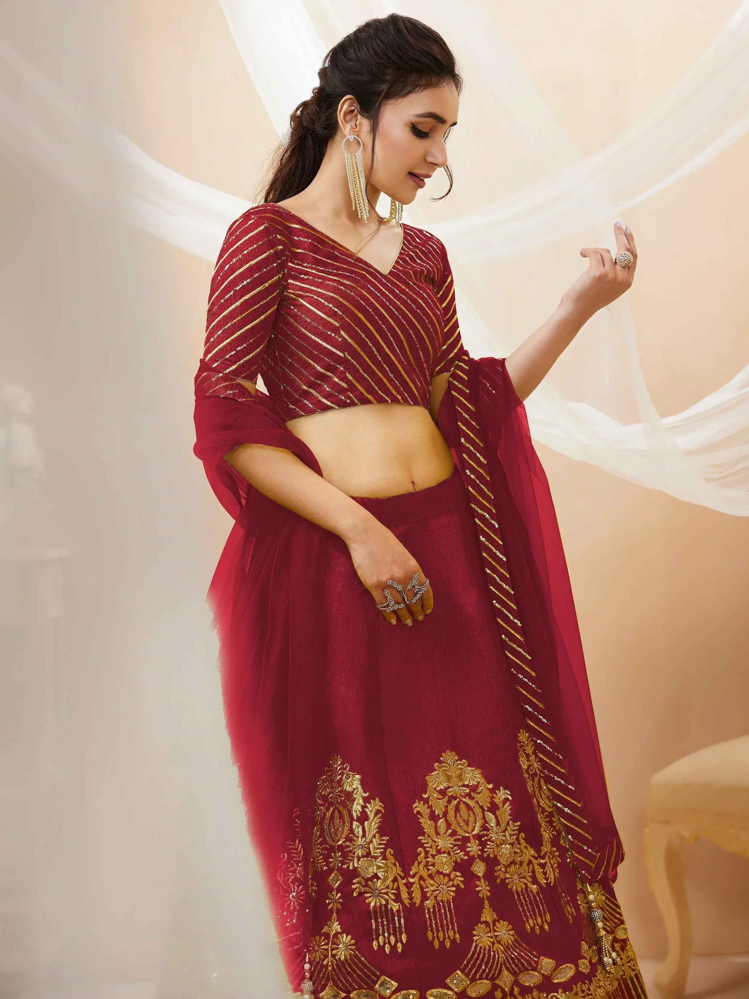 Tulsi Art Fascinating Red Sequins Silk Wedding Lehenga Choli With Dupatta | Grocsy