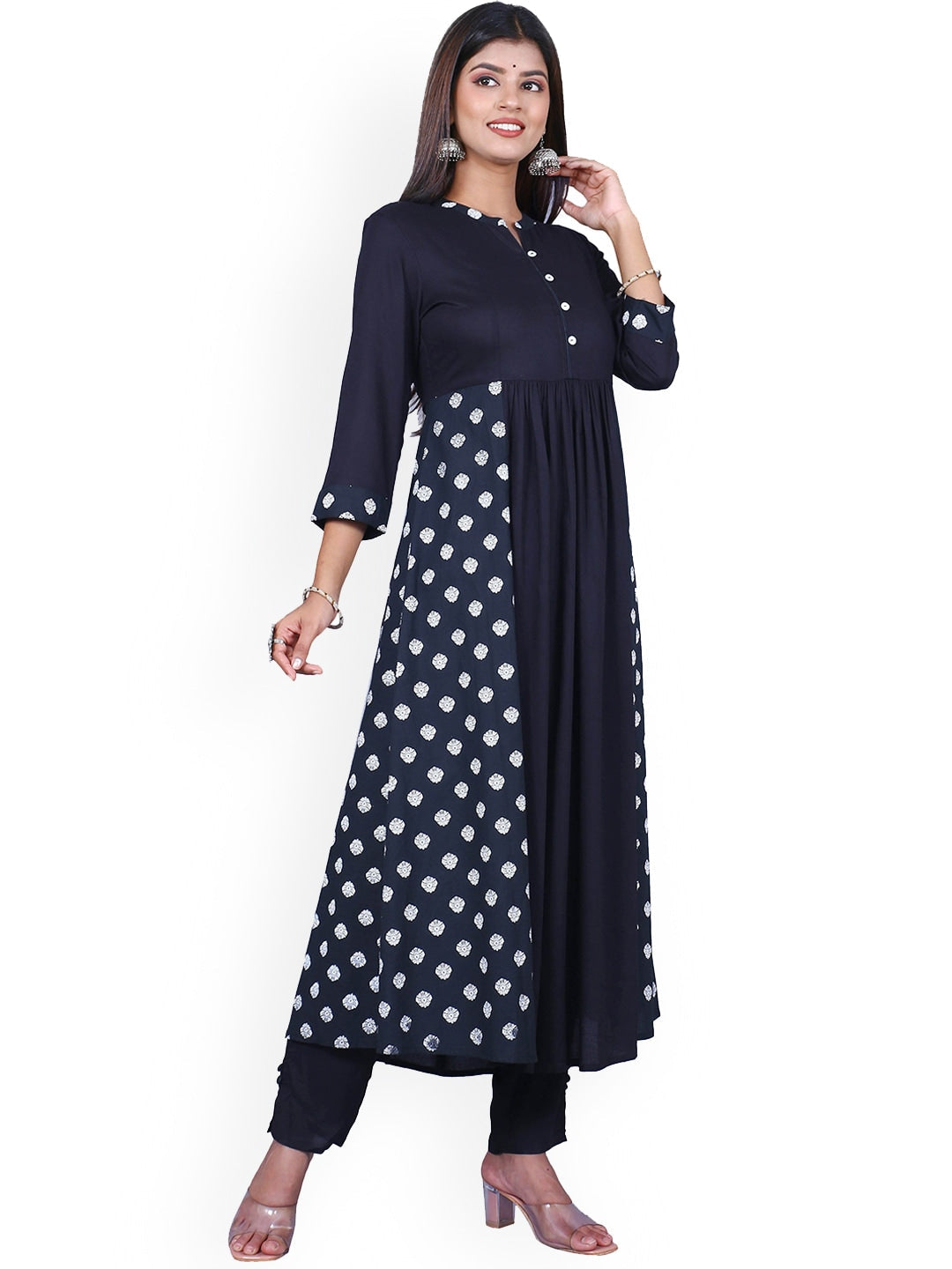 HERE&NOW Women Black Printed Anarkali Empire Kurta with Trousers | Grocsy