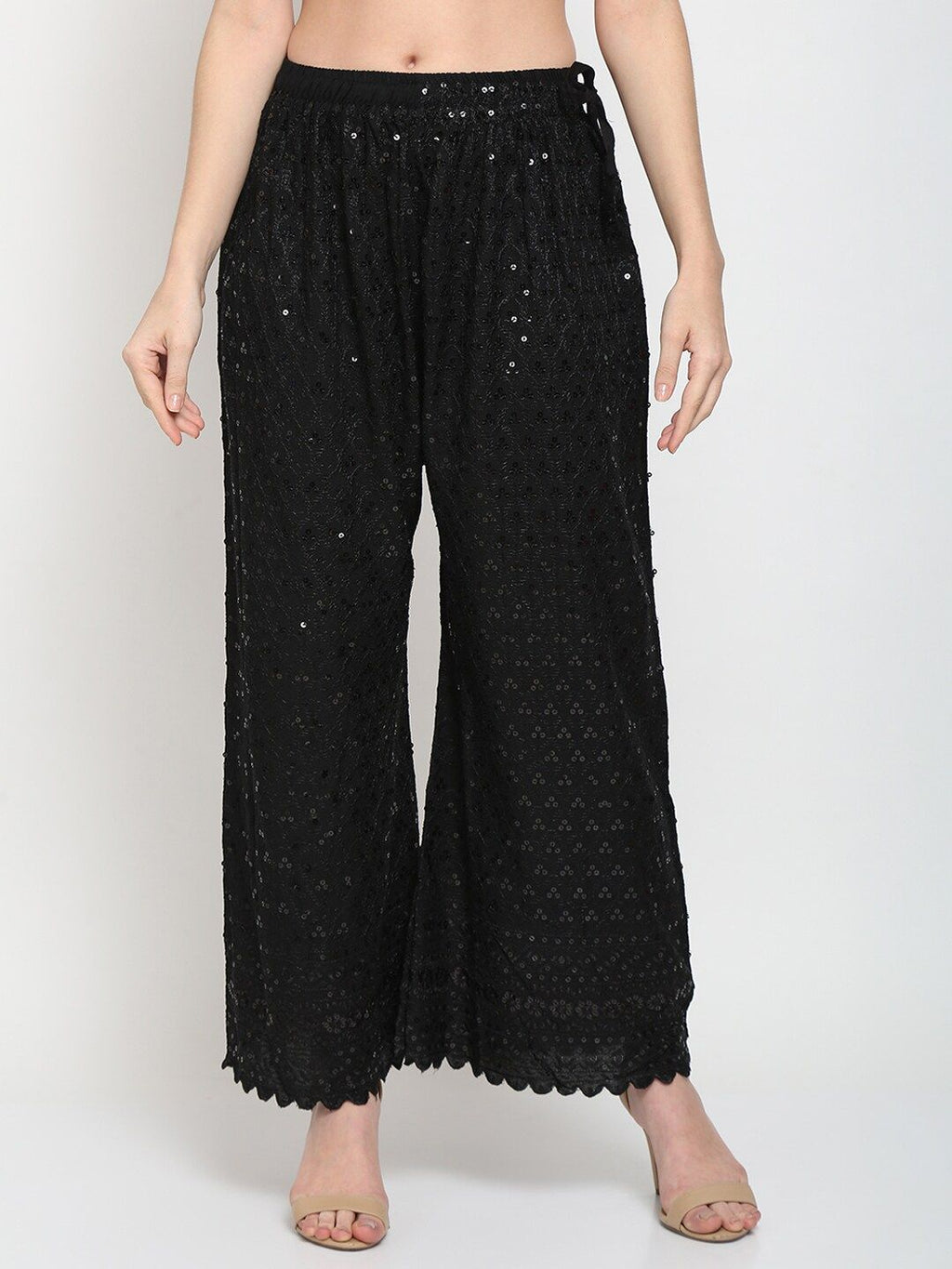 TAG 7 Women Black Ethnic Motifs Embroidered Sequin Flared Ethnic Palazzos | Grocsy