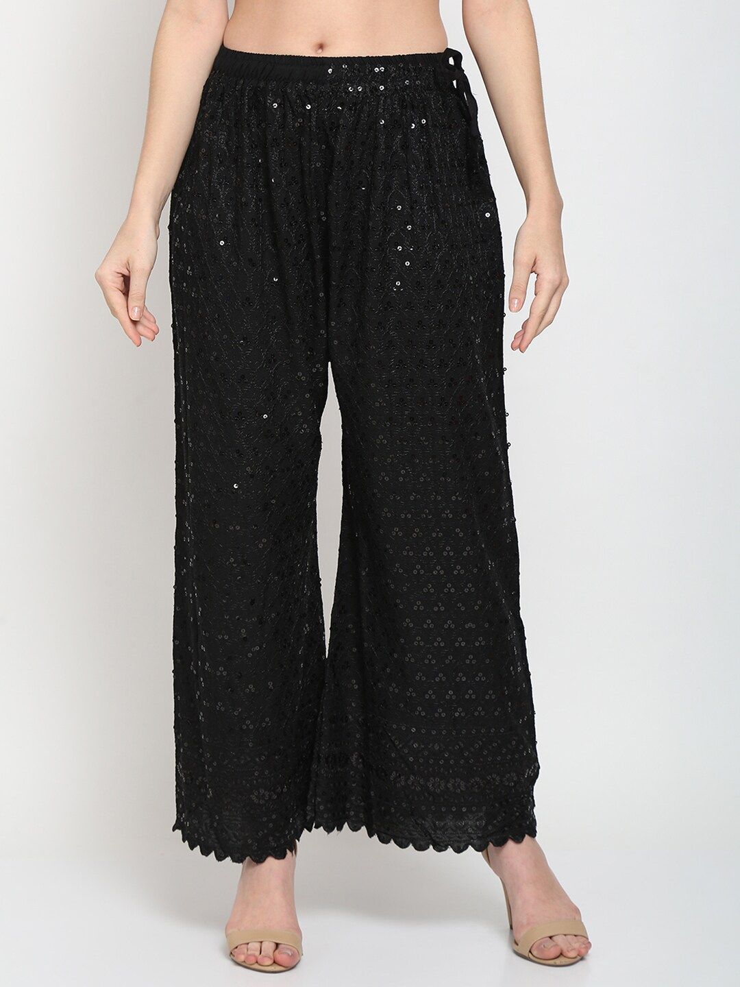 TAG 7 Women Black Ethnic Motifs Embroidered Sequin Flared Ethnic Palazzos | Grocsy