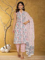 Yufta Cotton White Floral Print Kurta Dupatta Set | Grocsy