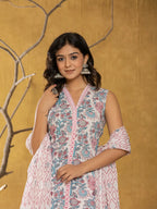 Yufta Cotton White Floral Print Kurta Dupatta Set | Grocsy