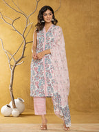 Yufta Cotton White Floral Print Kurta Dupatta Set | Grocsy