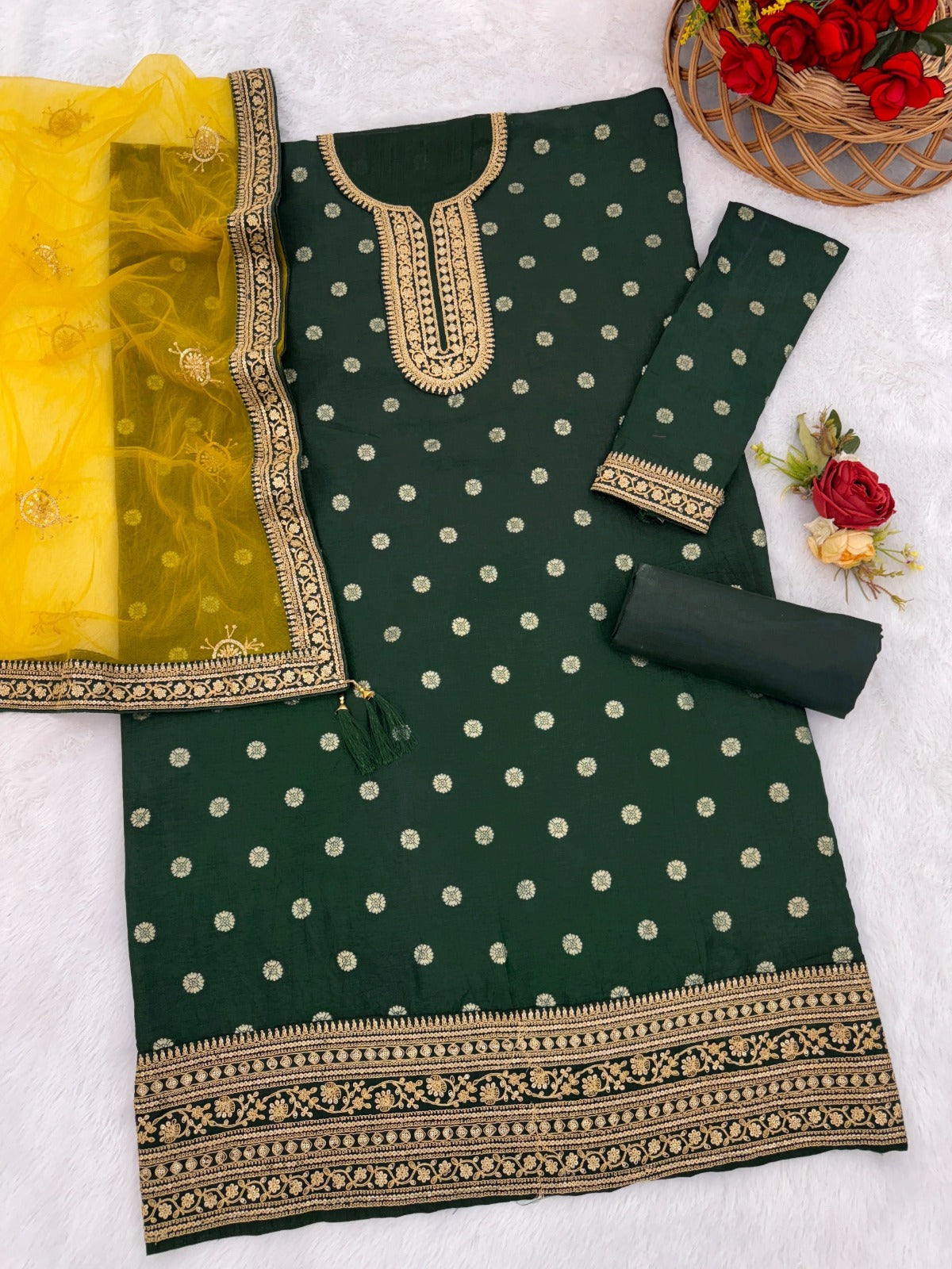Anaita Green Embroidered Viscose Patiala Salwar Suit | Grocsy