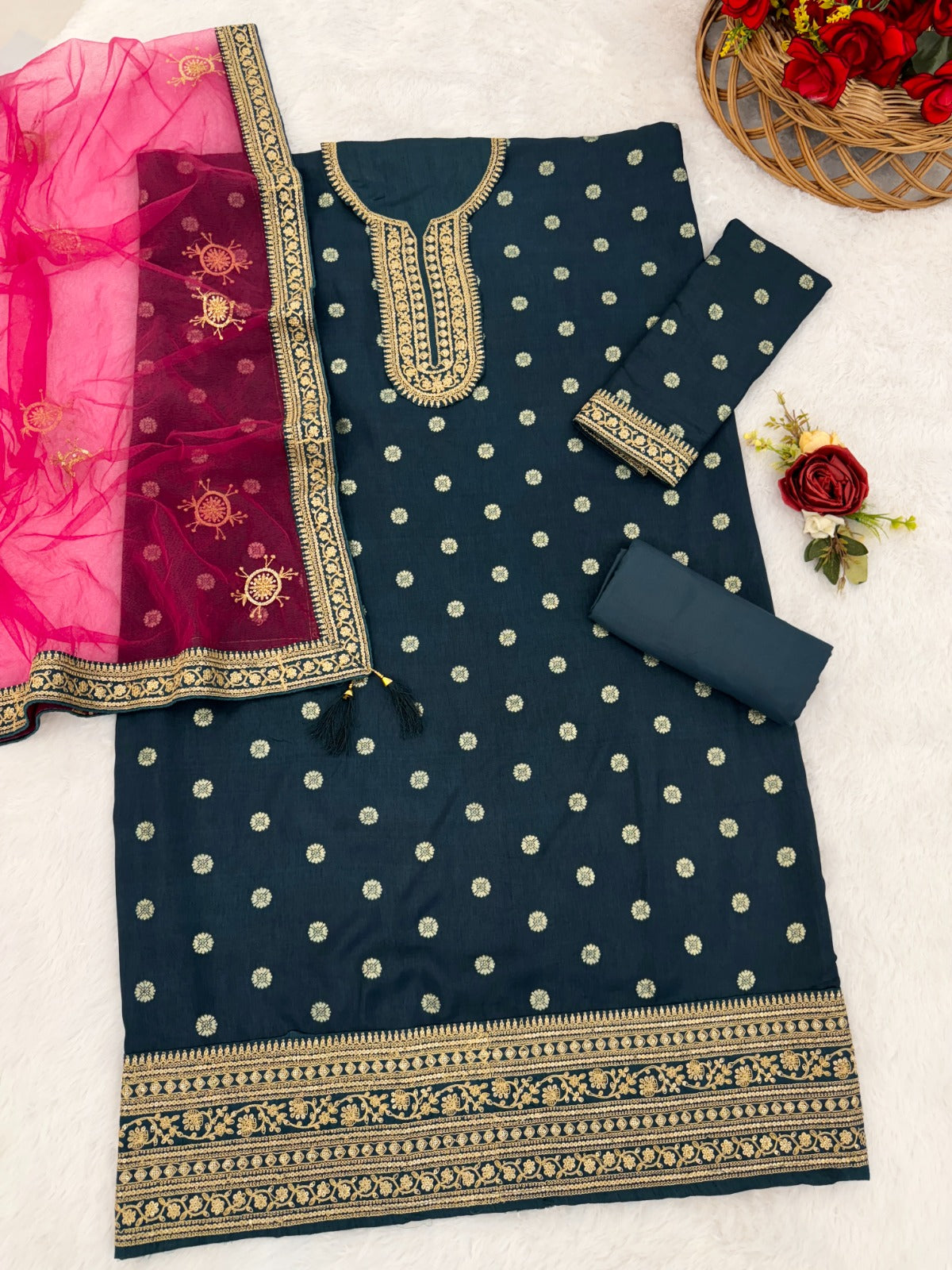 Anaita Navy Blue Embroidered Viscose Patiala Salwar Suit | Grocsy