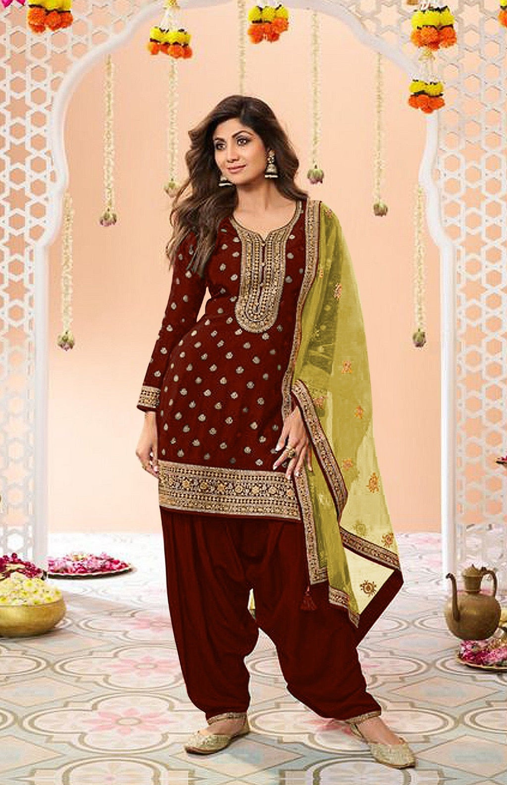 Anaita Maroon Embroidered Viscose Patiala Salwar Suit | Grocsy