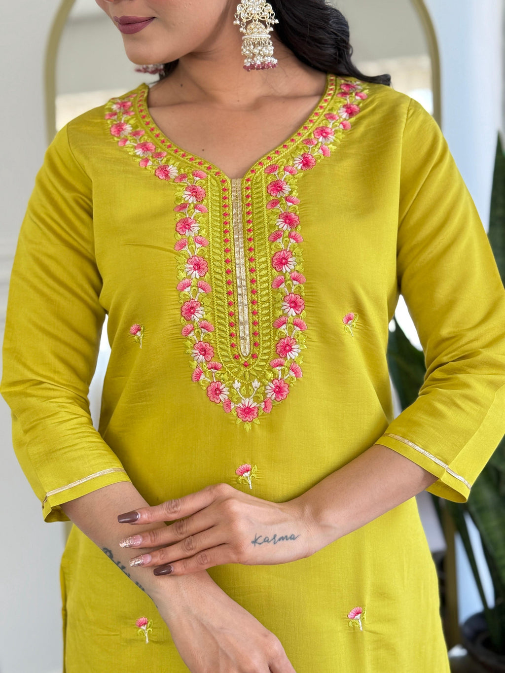 The52 Women's Gorgeous Rayon Embroidery work Straight Kurta with Pant and Dupatta Set | Grocsy