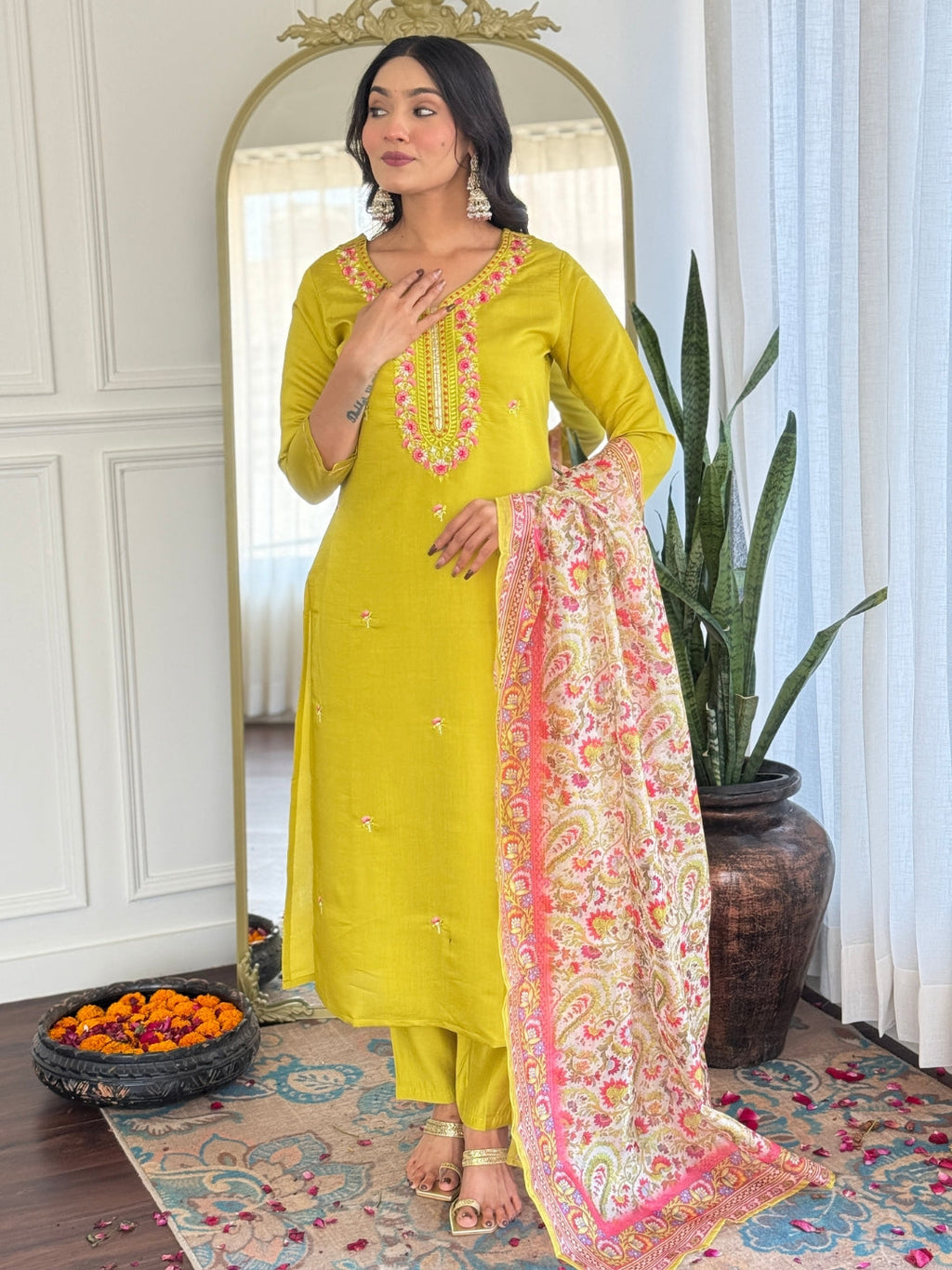 The52 Women's Gorgeous Rayon Embroidery work Straight Kurta with Pant and Dupatta Set | Grocsy