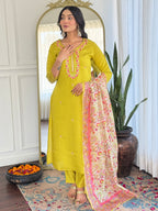 The52 Women's Gorgeous Rayon Embroidery work Straight Kurta with Pant and Dupatta Set | Grocsy