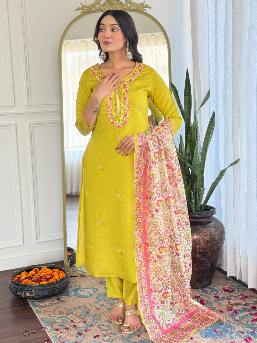 The52 Women's Gorgeous Rayon Embroidery work Straight Kurta with Pant and Dupatta Set | Grocsy