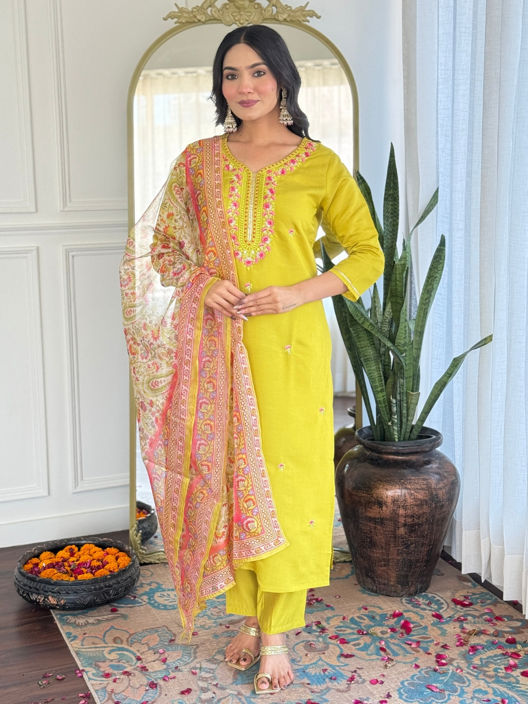 The52 Women's Gorgeous Rayon Embroidery work Straight Kurta with Pant and Dupatta Set | Grocsy