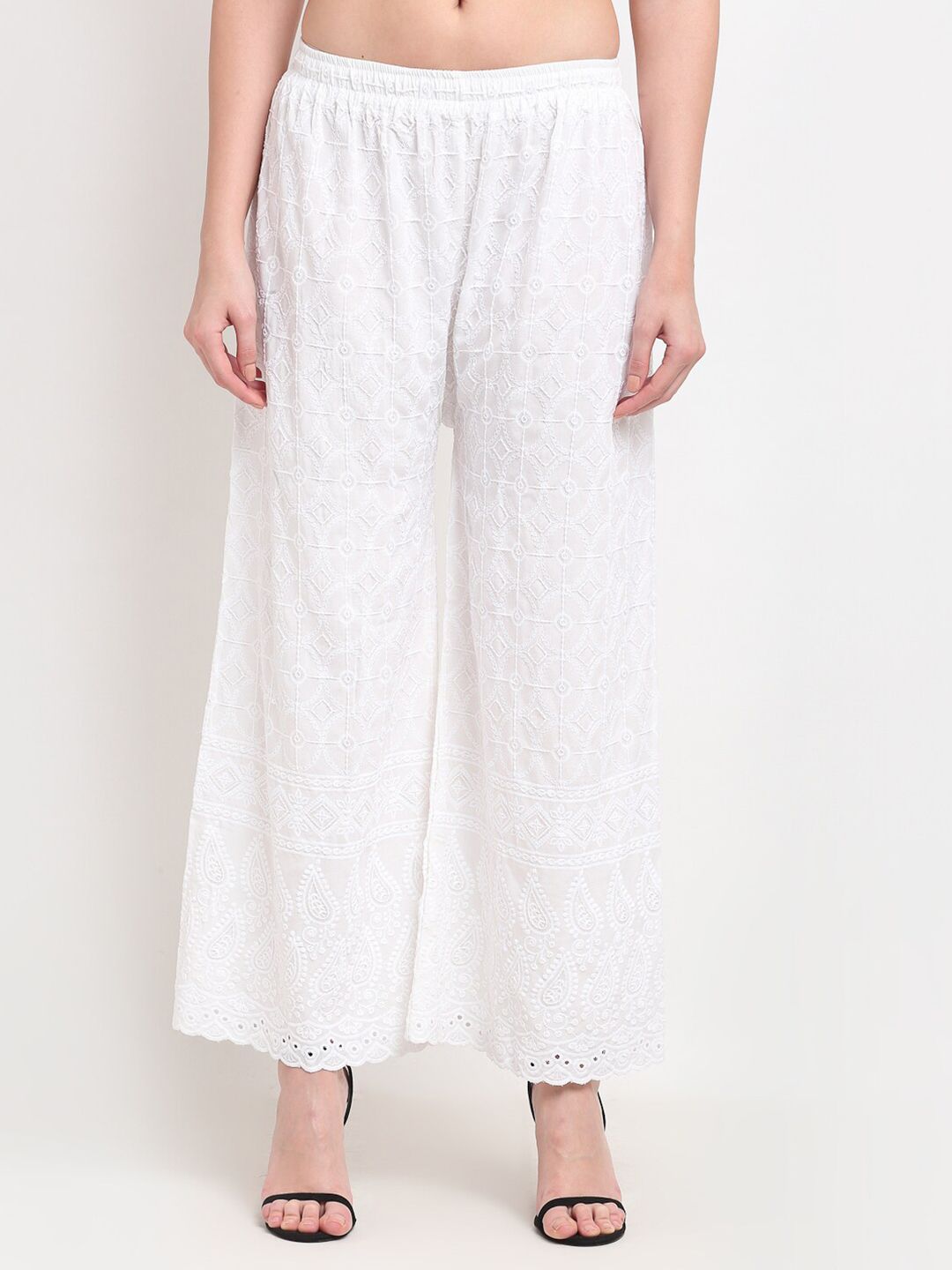 TAG 7 Women White Embroidered Flared Ethnic Palazzos | Grocsy