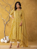 Yufta Mustard Lace-Work Cotton Anarkali Kurta & Trouser Dupatta Set | Grocsy