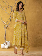 Yufta Mustard Lace-Work Cotton Anarkali Kurta & Trouser Dupatta Set | Grocsy