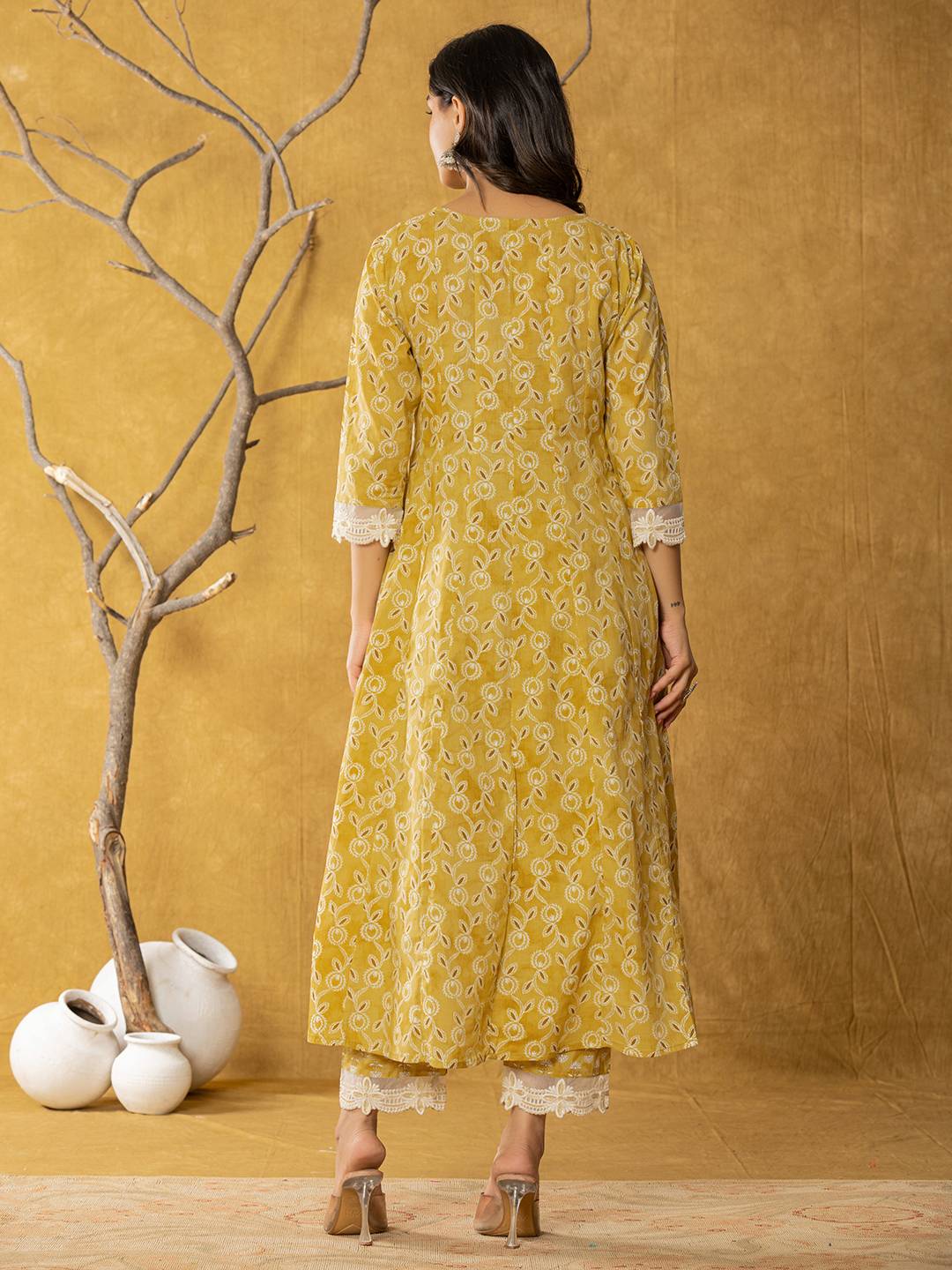 Yufta Mustard Lace-Work Cotton Anarkali Kurta & Trouser Dupatta Set | Grocsy