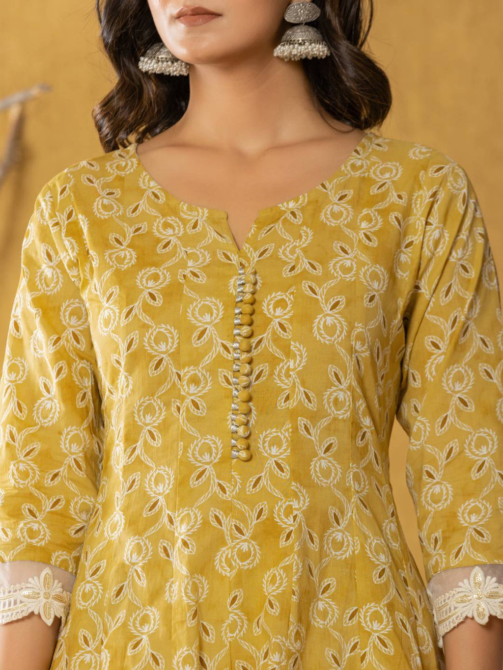 Yufta Mustard Lace-Work Cotton Anarkali Kurta & Trouser Dupatta Set | Grocsy