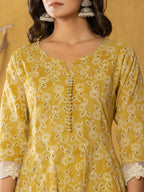 Yufta Mustard Lace-Work Cotton Anarkali Kurta & Trouser Dupatta Set | Grocsy