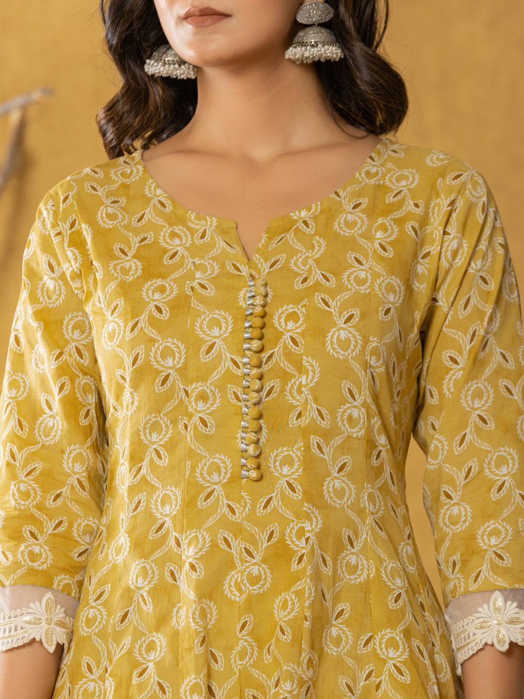 Yufta Mustard Lace-Work Cotton Anarkali Kurta & Trouser Dupatta Set | Grocsy