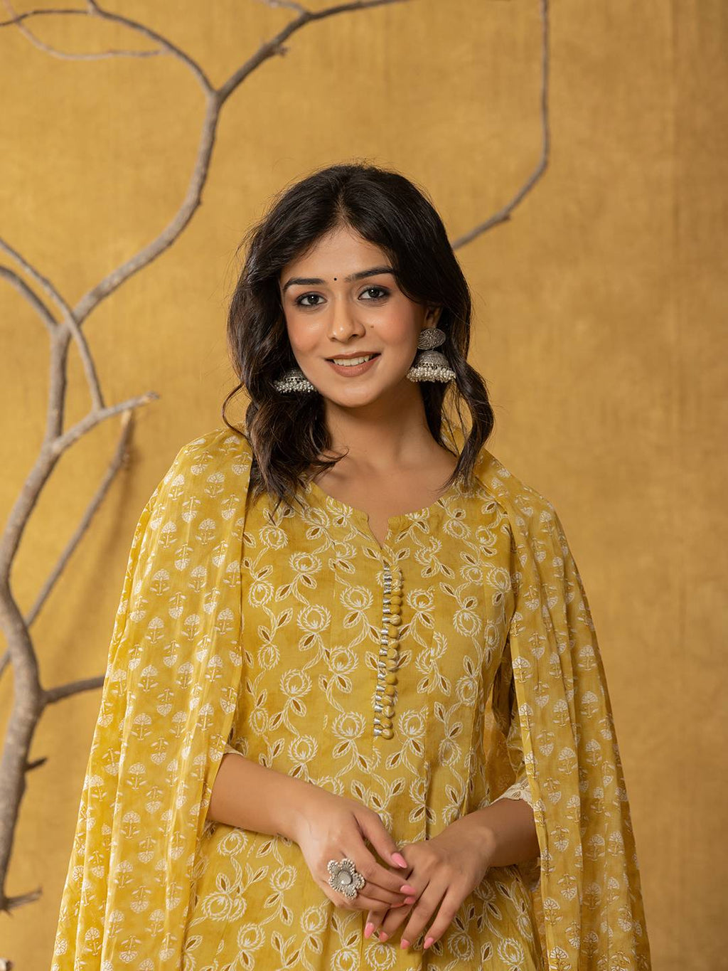 Yufta Mustard Lace-Work Cotton Anarkali Kurta & Trouser Dupatta Set | Grocsy
