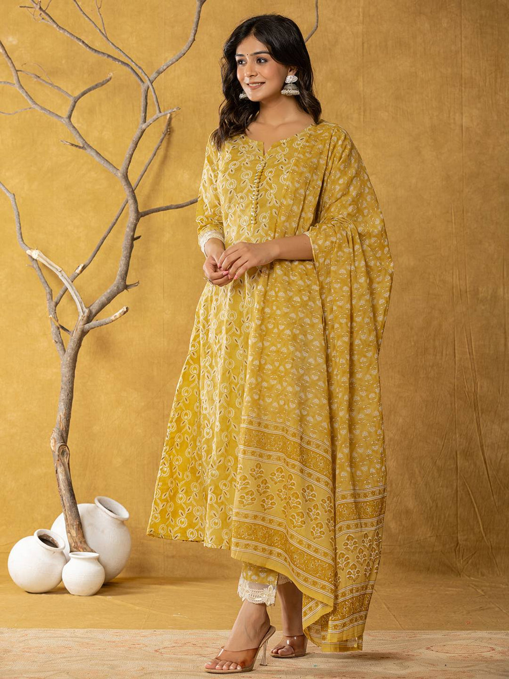 Yufta Mustard Lace-Work Cotton Anarkali Kurta & Trouser Dupatta Set | Grocsy
