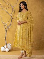 Yufta Mustard Lace-Work Cotton Anarkali Kurta & Trouser Dupatta Set | Grocsy