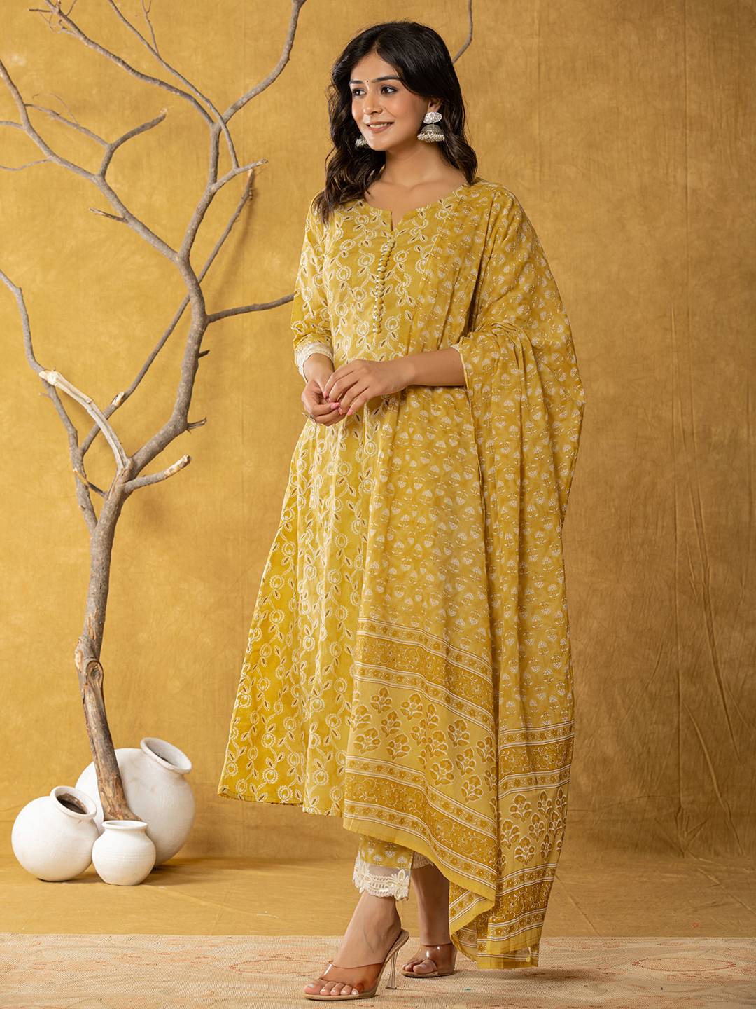 Yufta Mustard Lace-Work Cotton Anarkali Kurta & Trouser Dupatta Set | Grocsy