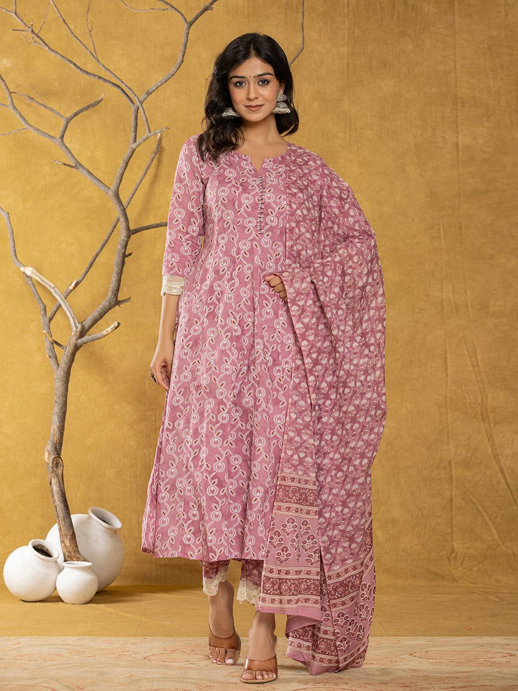 Yufta Pink Lace-Work Cotton Anarkali Kurta & Trouser Dupatta Set | Grocsy