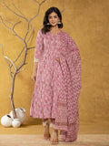 Yufta Pink Lace-Work Cotton Anarkali Kurta & Trouser Dupatta Set | Grocsy