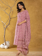 Yufta Pink Lace-Work Cotton Anarkali Kurta & Trouser Dupatta Set | Grocsy