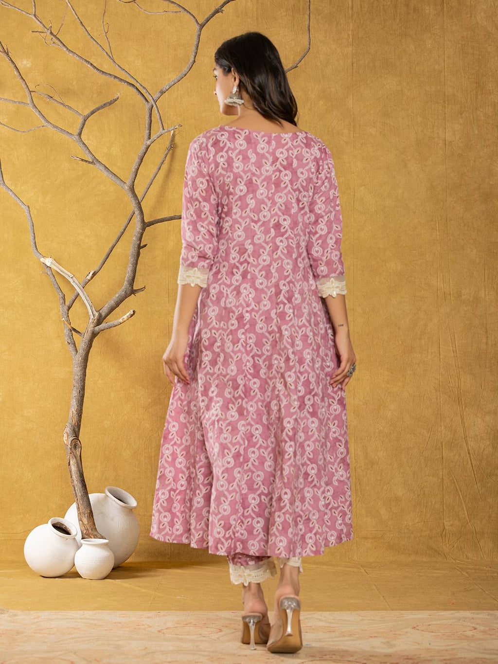 Yufta Pink Lace-Work Cotton Anarkali Kurta & Trouser Dupatta Set | Grocsy
